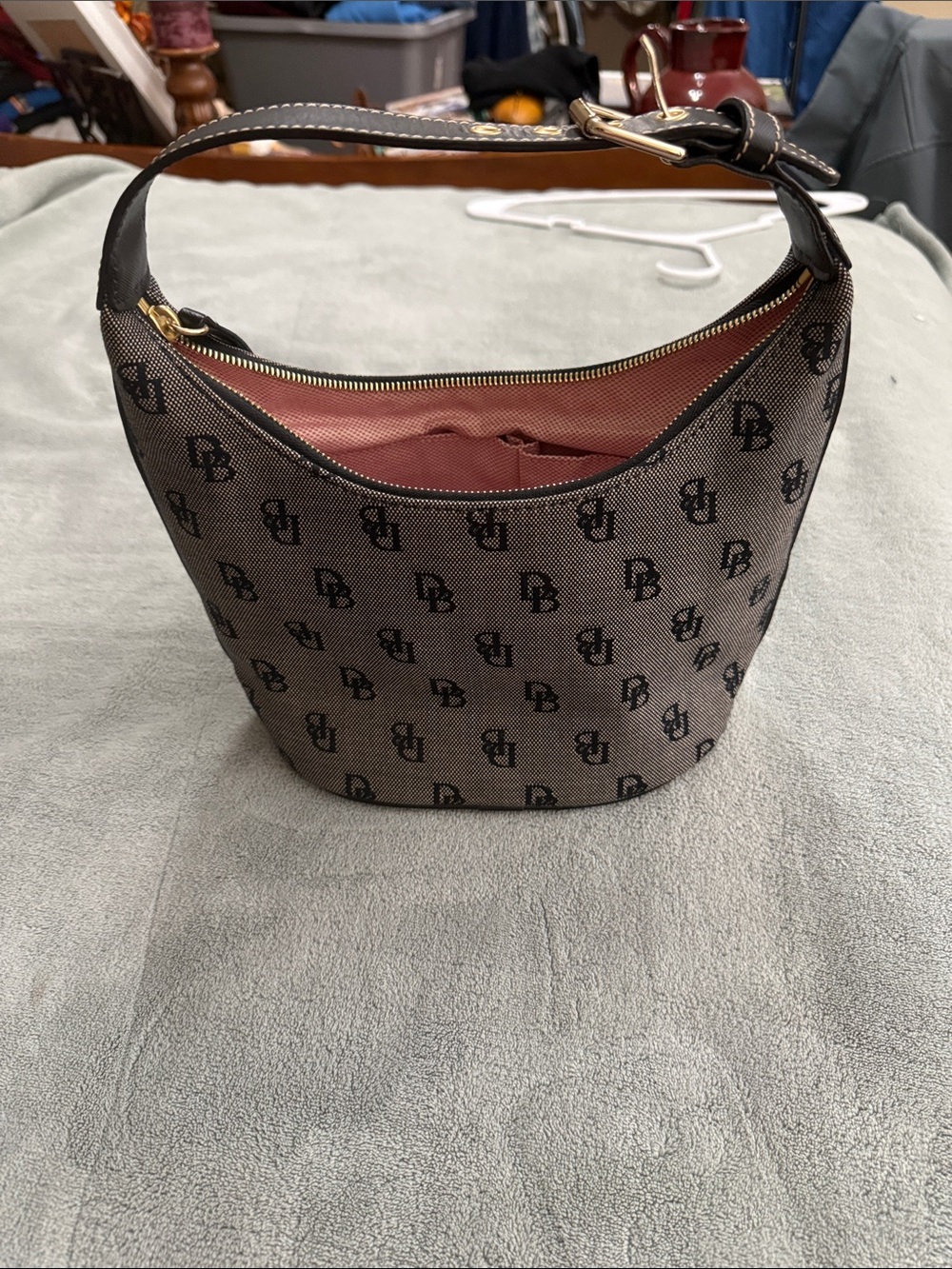 Dooney & Bourke Brown Monogram Hobo with Pink Interior Lining